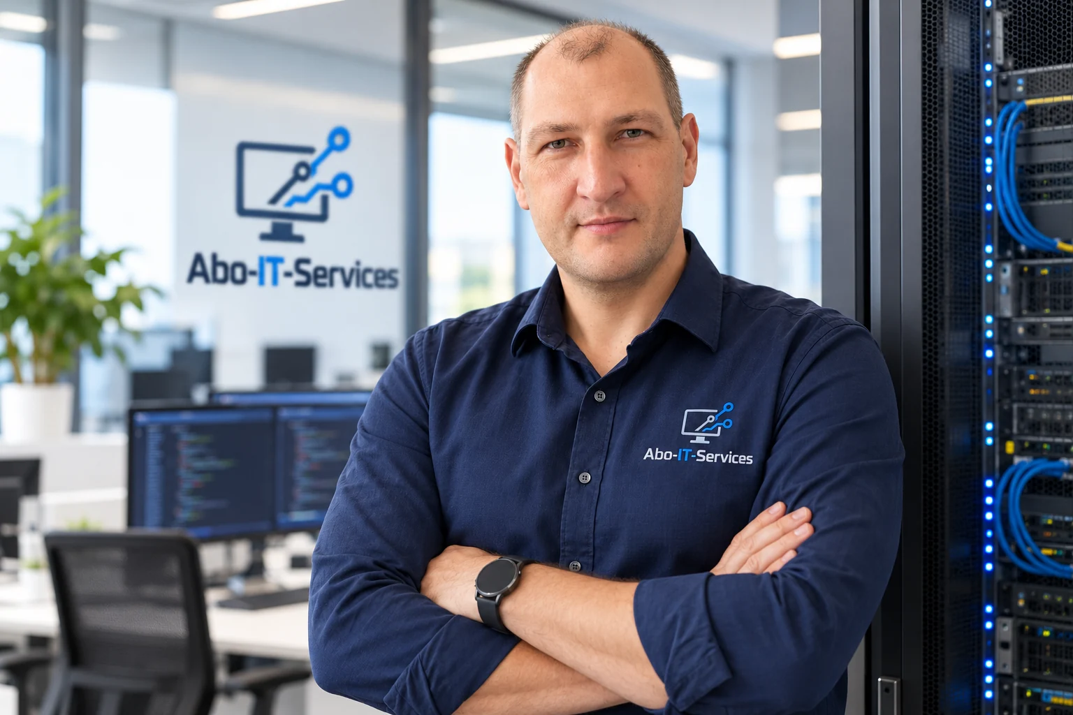 Sergei Mogilnii in einem IT-Arbeitsumfeld neben einem Serverschrank